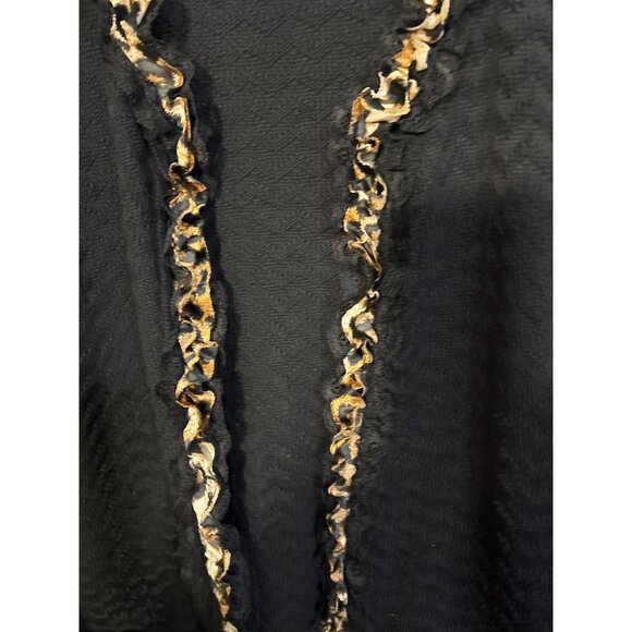 Chicos Black Open-Front Cardigan With Gold Ruffle Trim Size XL Cotton Blend - Picture 2 of 4